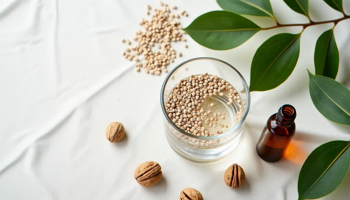 Vue de dessus de produits naturels pour soutenir la lubrification : eau, graines de lin, noix et huile végétale sur fond blanc