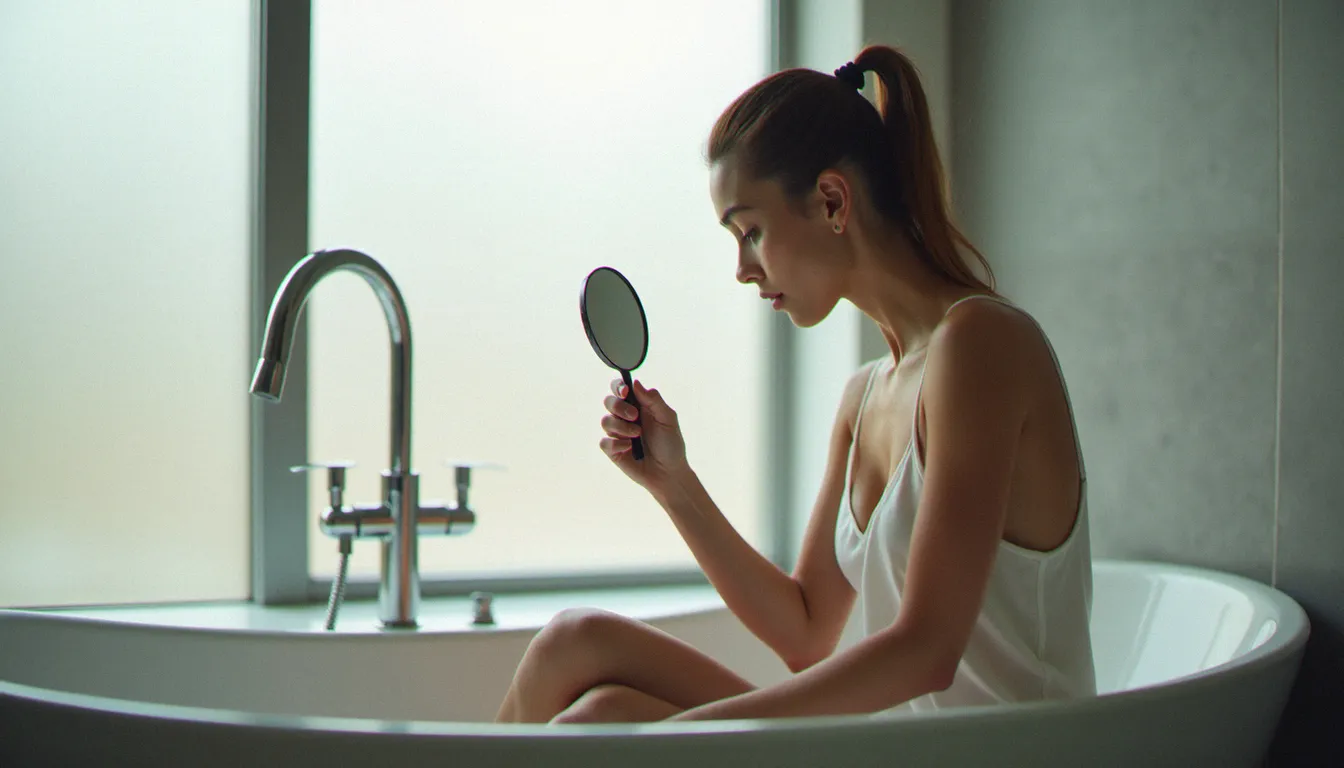 Femme utilisant un miroir pour observer son anatomie intime dans une démarche de connaissance du corps