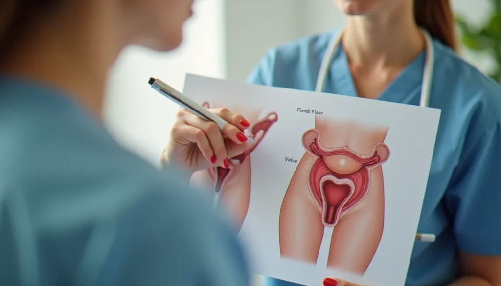 Professionnelle de santé expliquant l'anatomie du méat urétral féminin lors d'une consultation gynécologique