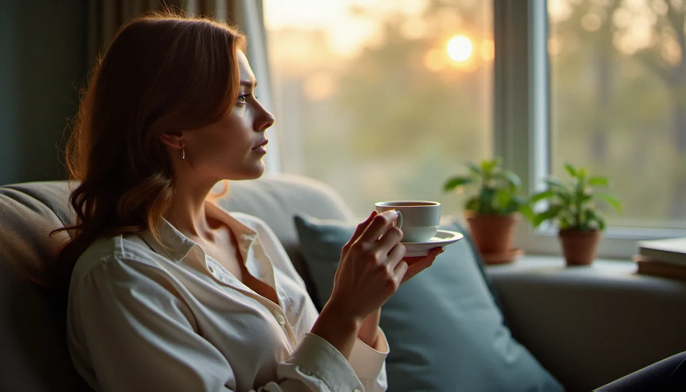Femme en réflexion près d'une fenêtre lumineuse, illustrant l'introspection sur la sexualité et le bien-être émotionnel