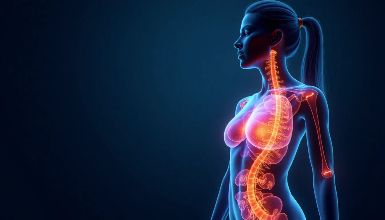 Représentation artistique des voies hormonales et nerveuses féminines liées à la réponse orgasmique, en tons ambrés sur fond sombre