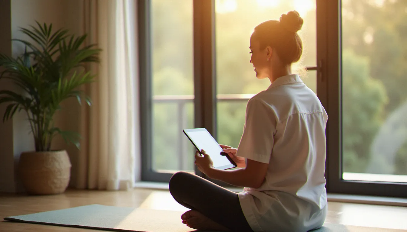 Femme en consultation de santé féminine via tablette, dans un cadre serein et lumineux, illustrant l'importance de consulter un professionnel pour les difficultés liées à l'orgasme