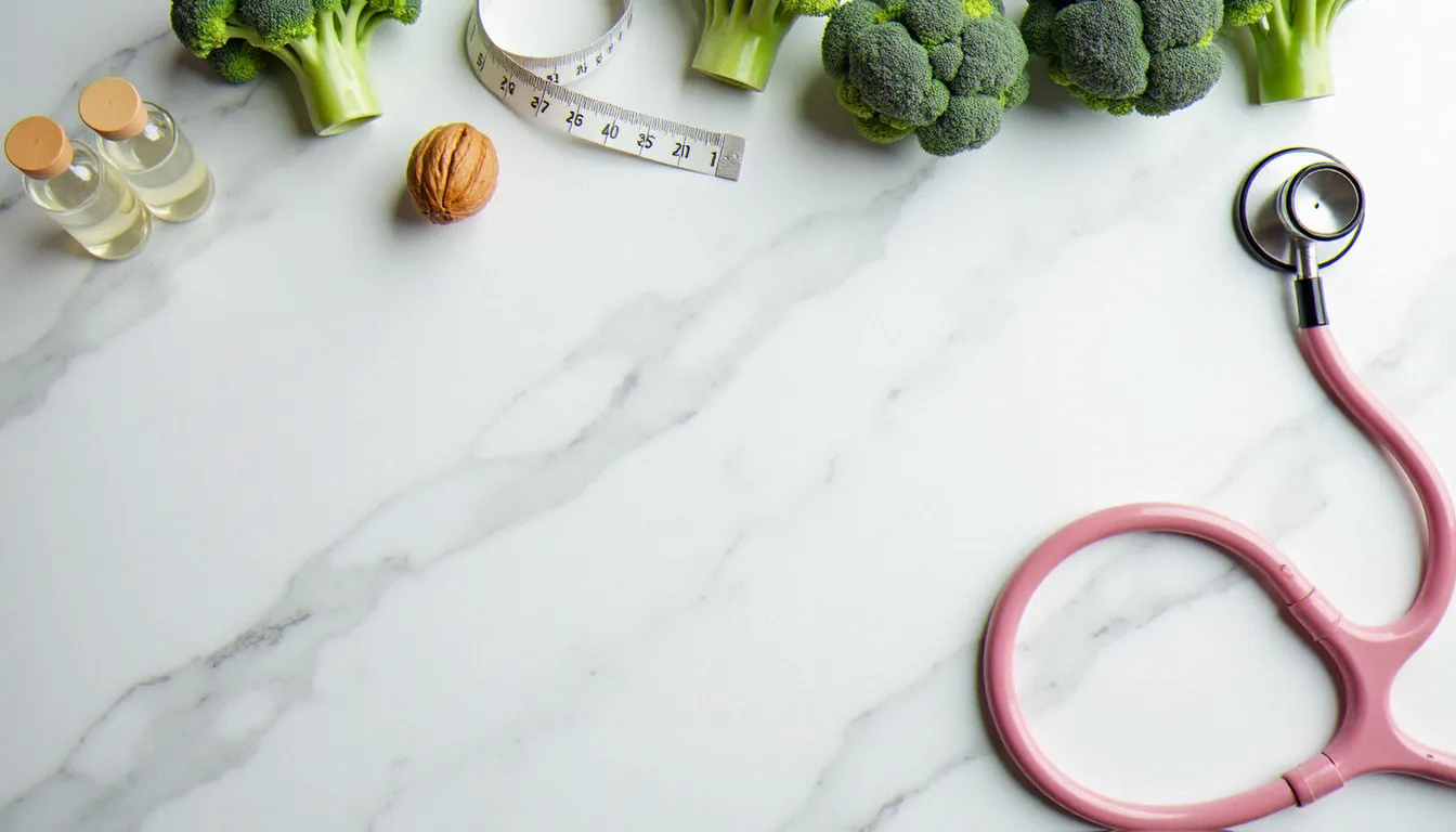 Composition symbolisant l'influence des hormones DHT, testostérone et estrogènes sur la santé de la prostate, avec aliments et outils médicaux