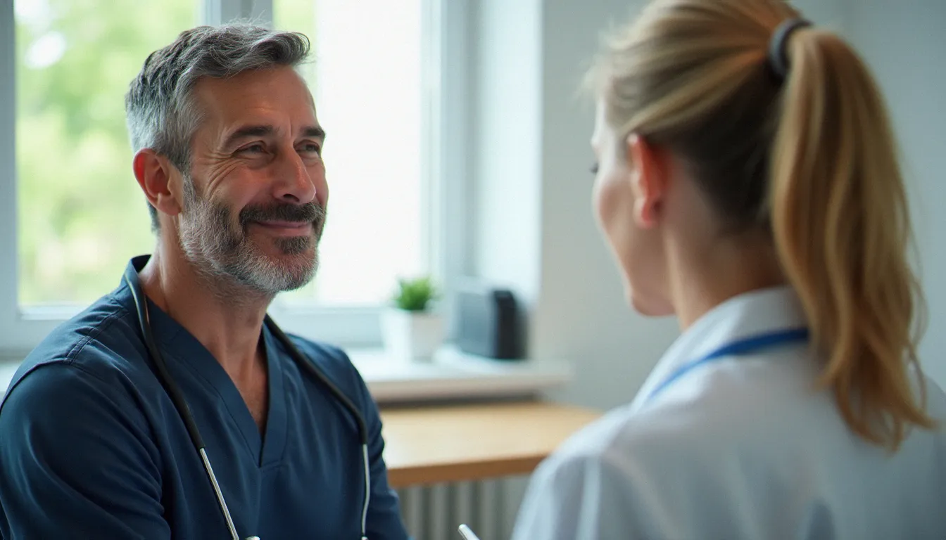 Un homme d'âge moyen consultant une médecin urologue pour un bilan prostatique, dans le cadre d'un dépistage précoce du cancer de la prostate
