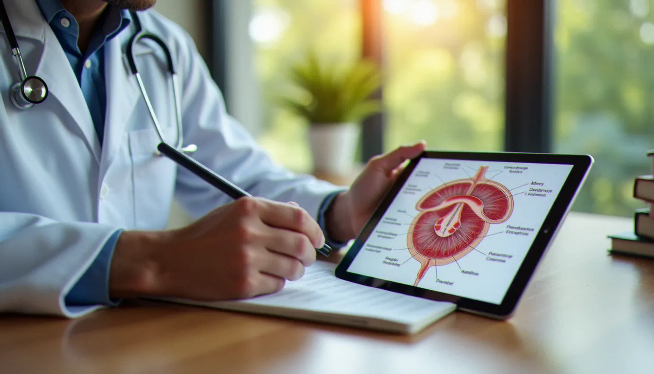 Médecin consultant un schéma anatomique de la prostate sur tablette, illustrant le lien entre prostate et équilibre hormonal masculin