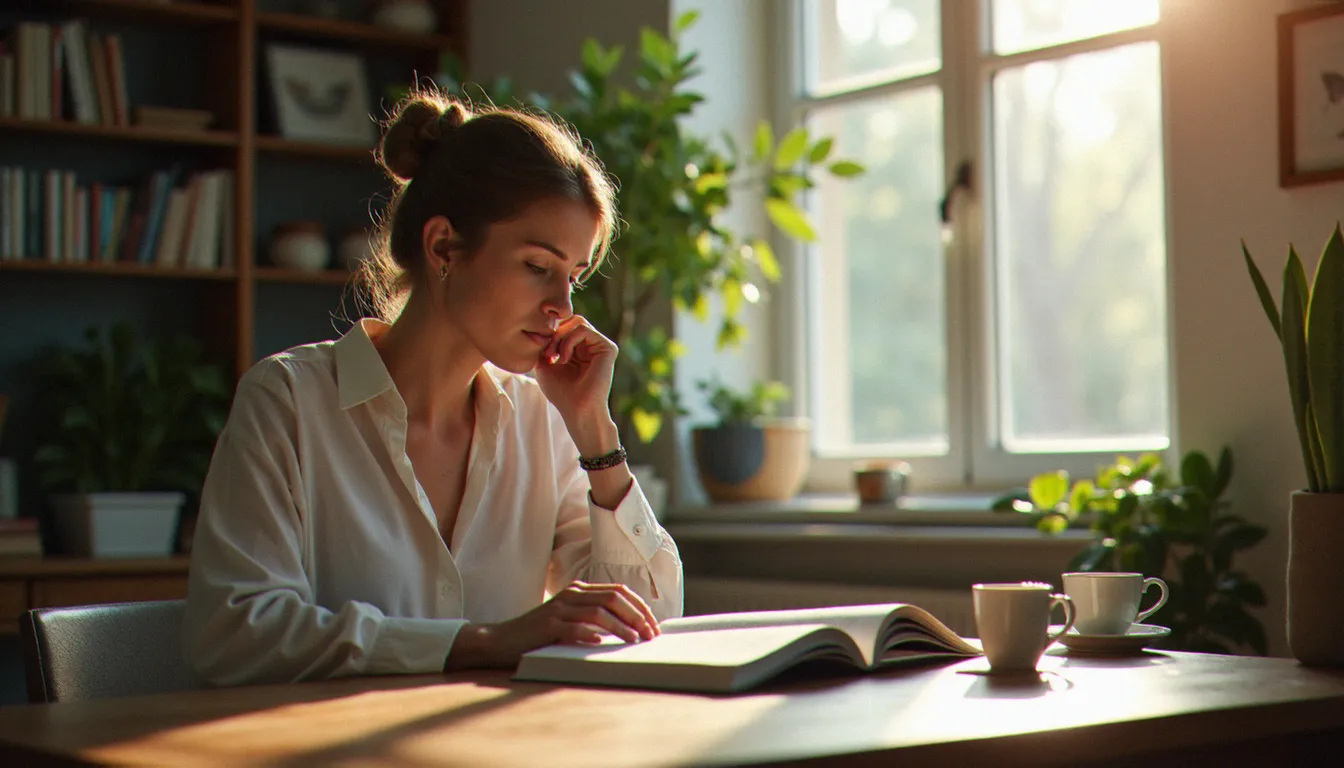 Femme lisant Psychologies Magazine près d'une fenêtre ensoleillée, associant lecture psychologique et bien-être hormonal féminin