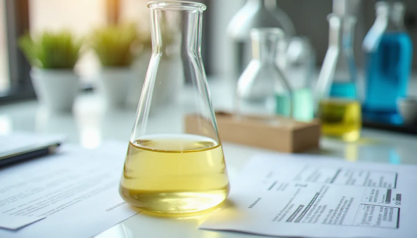 Flacon de laboratoire avec liquide doré représentant les hormones sexuelles comme la testostérone et les œstrogènes étudiées en endocrinologie