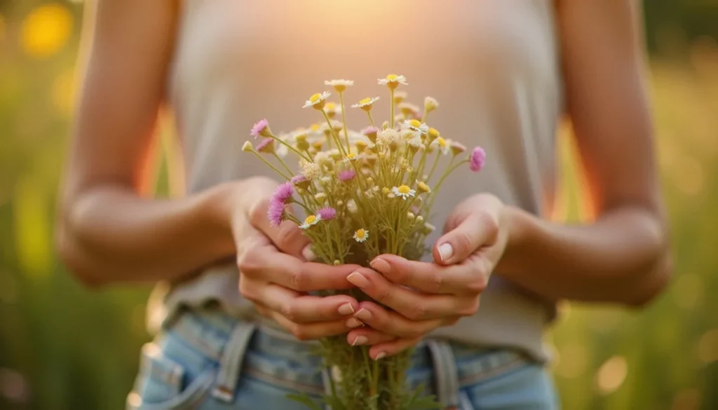 Femme tenant des fleurs sauvages dans une lumière naturelle douce, symbolisant la sexualité humaine et le bien-être féminin