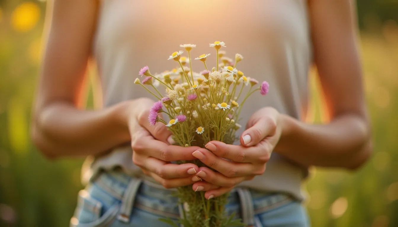 Femme tenant des fleurs sauvages dans une lumière naturelle douce, symbolisant la sexualité humaine et le bien-être féminin