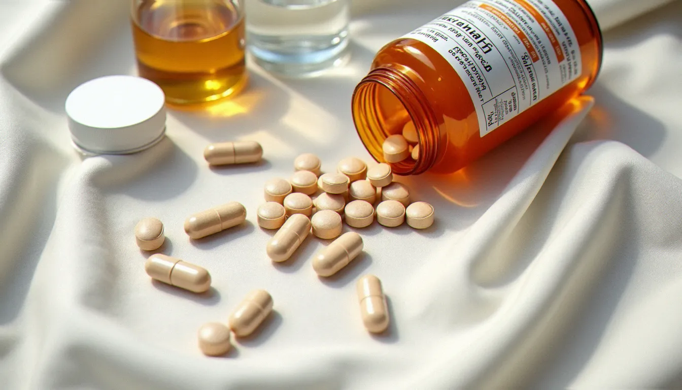 Assortiment de compléments alimentaires pour la santé féminine disposés sur un tissu naturel, incluant magnésium, vitamine D et acide folique
