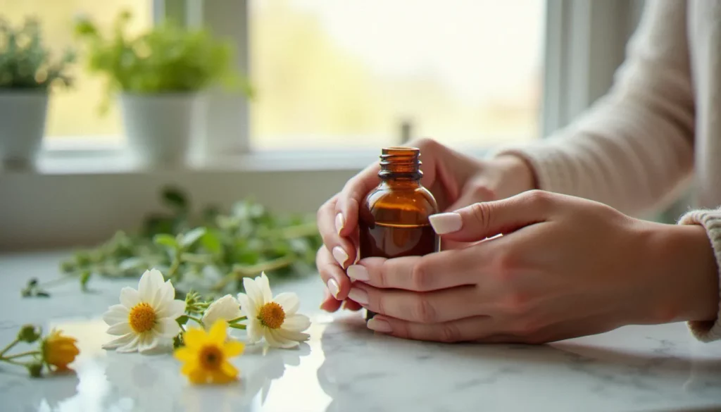 Femme tenant un flacon de complément alimentaire women's health posé sur un plan de marbre blanc, avec des plantes médicinales féminines autour