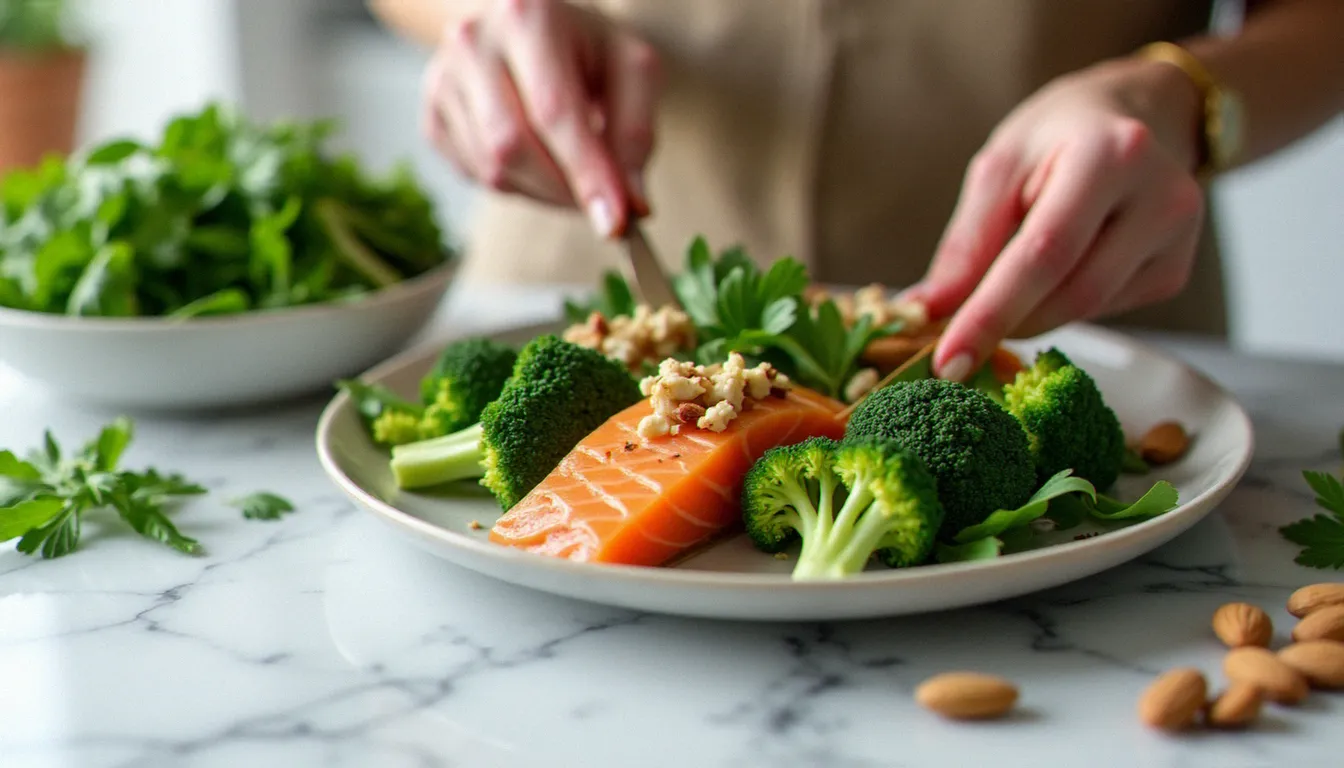 Préparation d'un repas anti-inflammatoire riche en oméga-3 et en légumes crucifères pour soutenir l'équilibre hormonal féminin