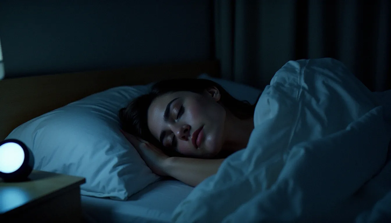 Femme en train de dormir dans une chambre fraîche et sombre, illustrant l'optimisation du sommeil comme levier central des women's health biohacks