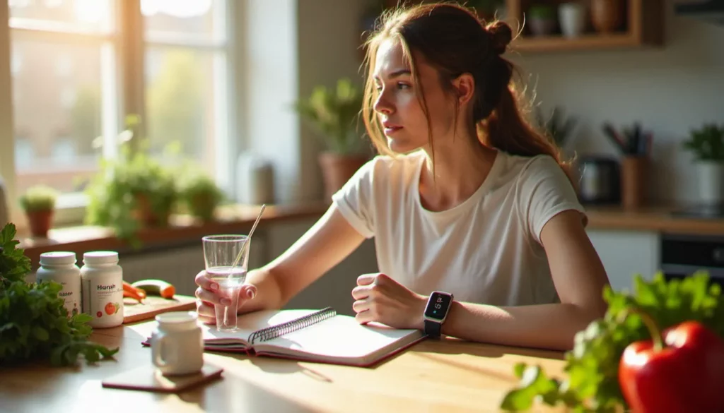 Femme pratiquant des women's health biohacks au quotidien avec un journal de suivi de cycle, des compléments et une alimentation saine