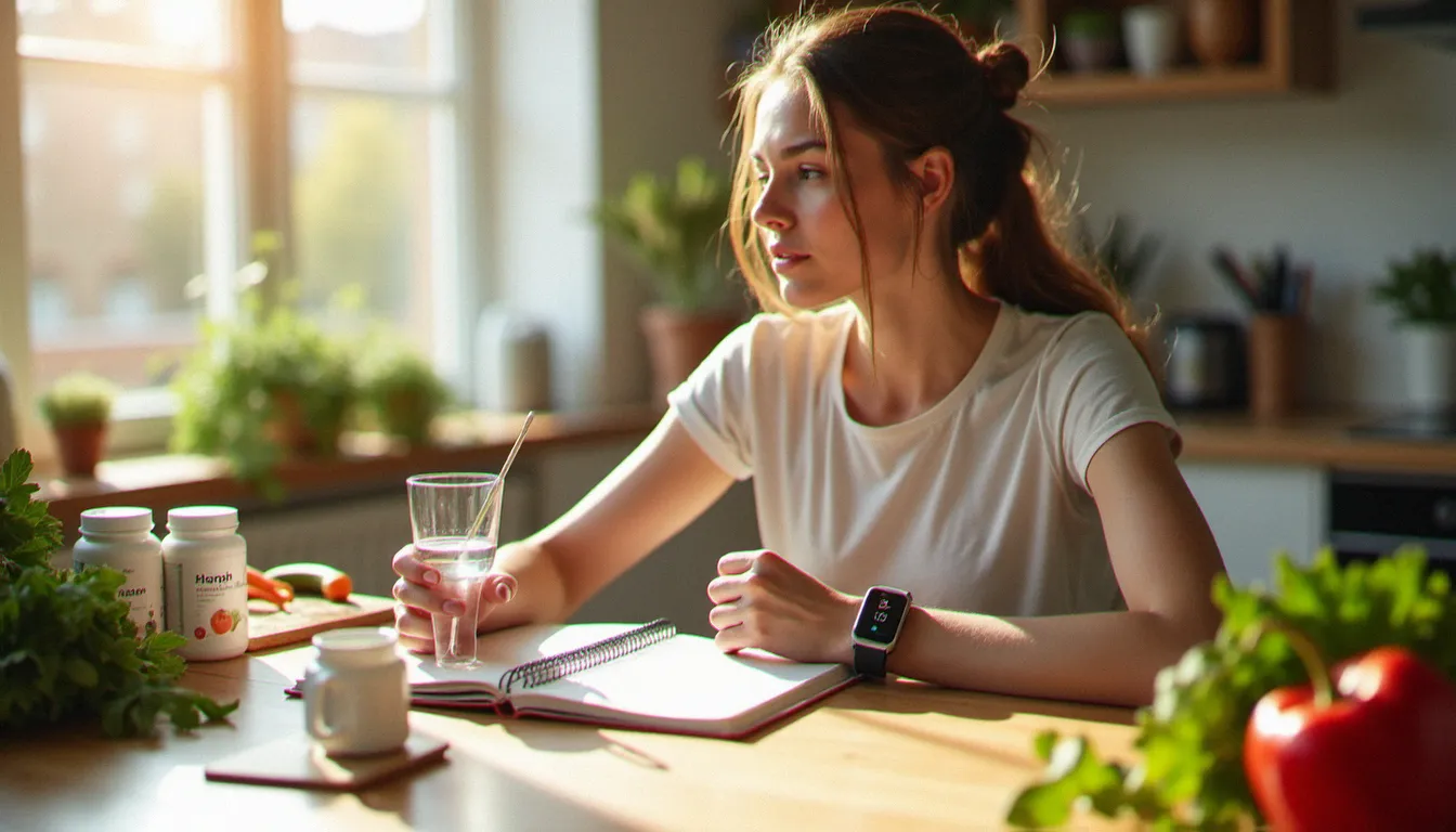 Femme pratiquant des women's health biohacks au quotidien avec un journal de suivi de cycle, des compléments et une alimentation saine