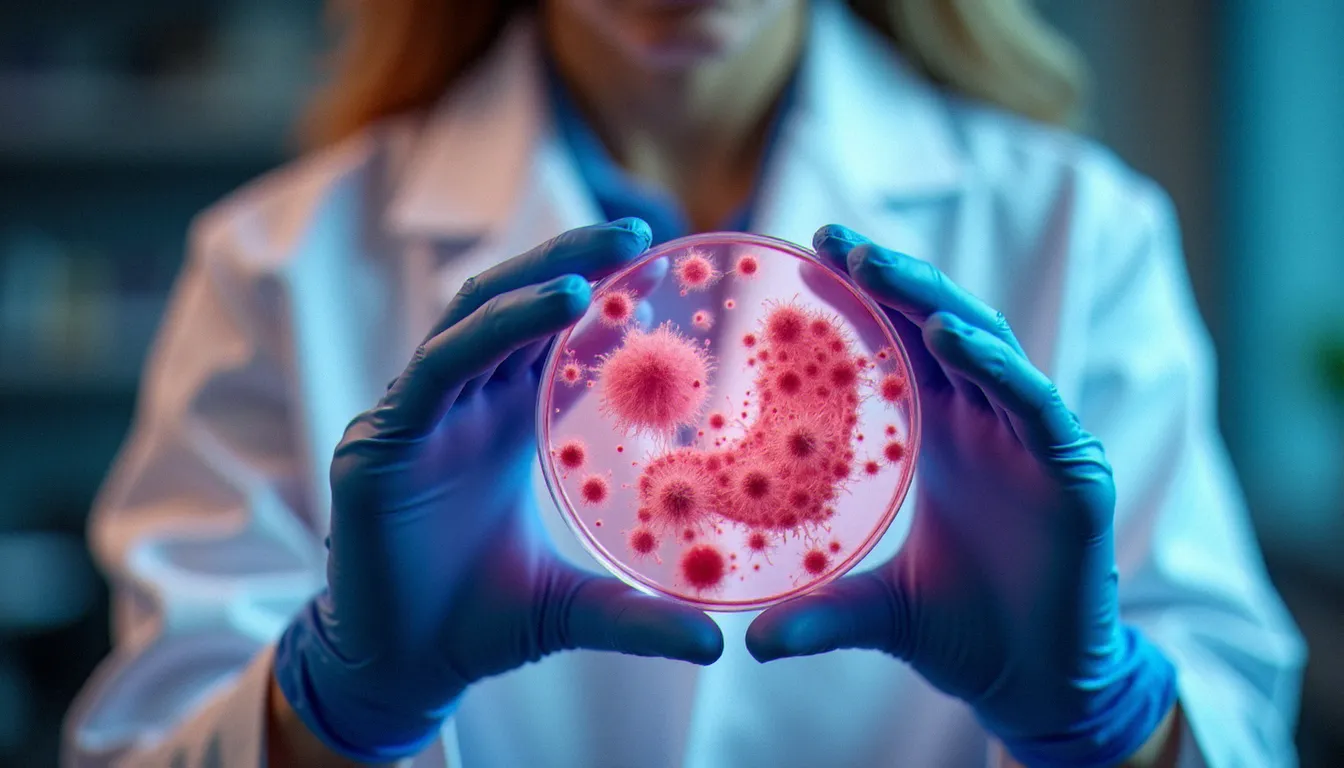 Vue microscopique artistique du microbiome intestinal féminin représenté par des colonies bactériennes colorées dans un contexte de laboratoire