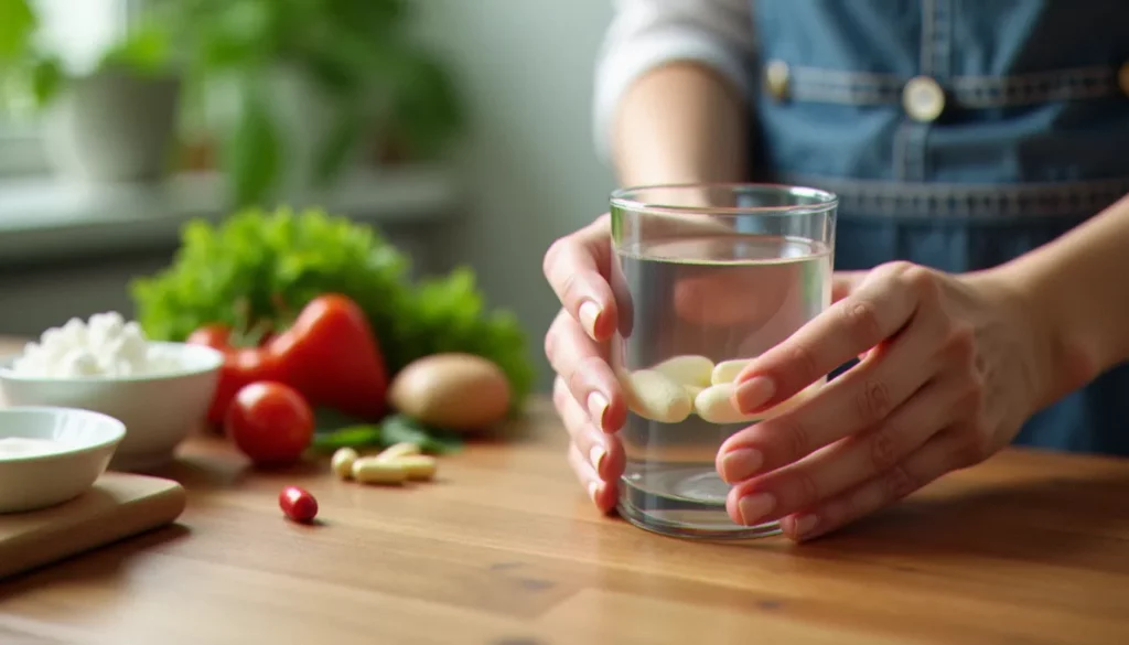 Femme tenant une gélule de complément probiotique women's health bioma avec des aliments fermentés en arrière-plan, lumière naturelle du matin