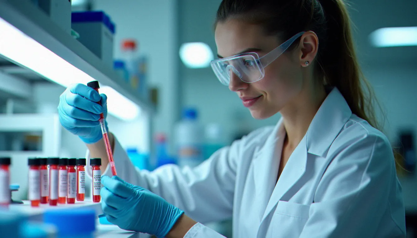 Chercheuse prélevant des échantillons biologiques pour l'analyse de biomarqueurs hormonaux liés au diagnostic de l'endométriose en laboratoire