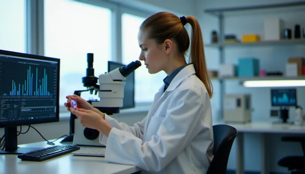 Ingénieure biomédicale analysant un capteur connecté de suivi hormonal dans un laboratoire de recherche en women's health biomedical engineering