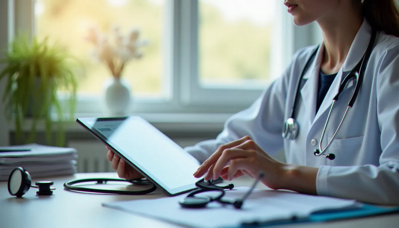 Médecin gynécologue consultant des données de recherche clinique sur tablette, représentant l'impact de la biotech sur le diagnostic féminin