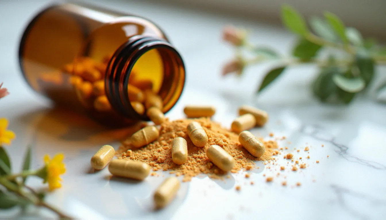 Gélules probiotiques et poudre prébiotique sur marbre blanc, illustrant les différentes formes de compléments biotics pour la santé féminine