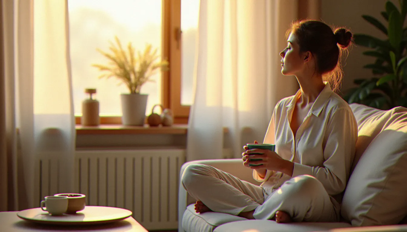 Femme assise sereinement chez elle avec une tisane, évoquant le bien-être et le suivi de son cycle menstruel au quotidien