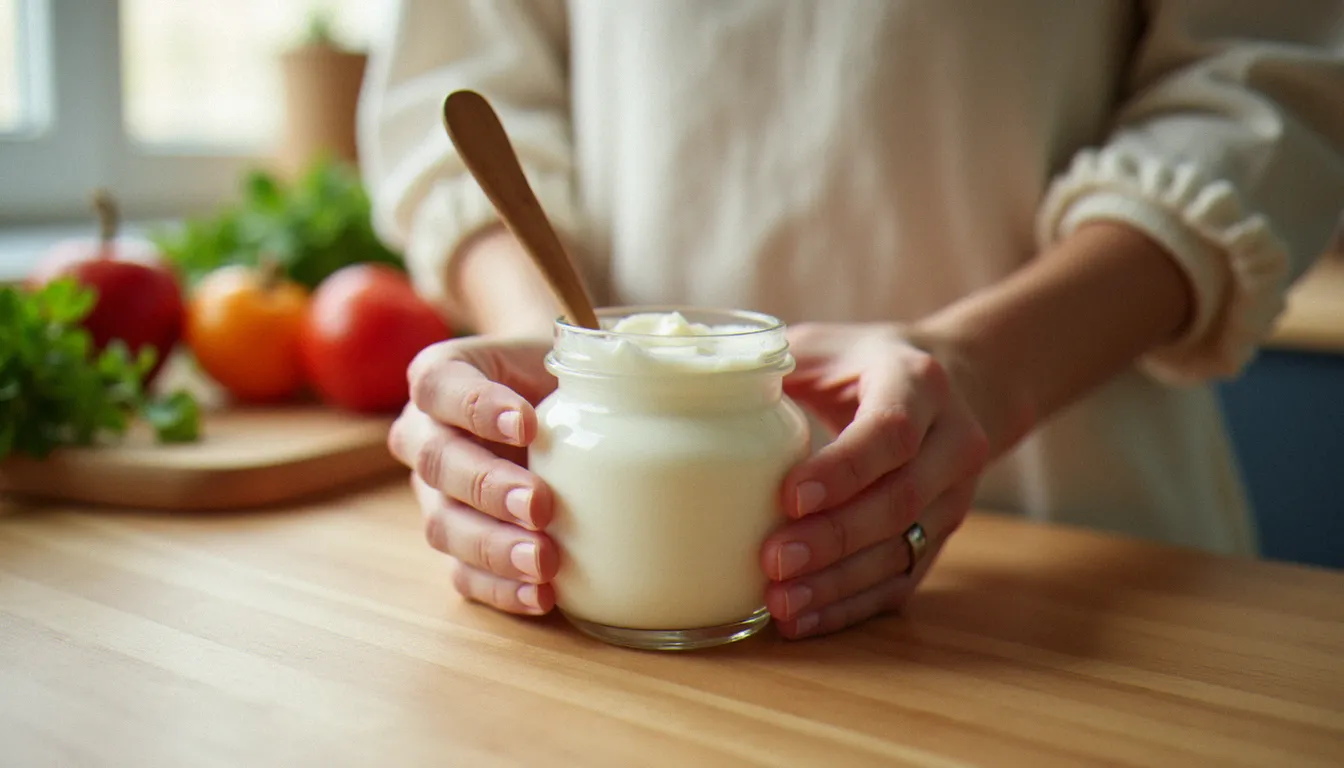 Une femme tenant un pot de yaourt nature et une cuillère en bois, illustrant les aliments fermentés riches en women's health biotics