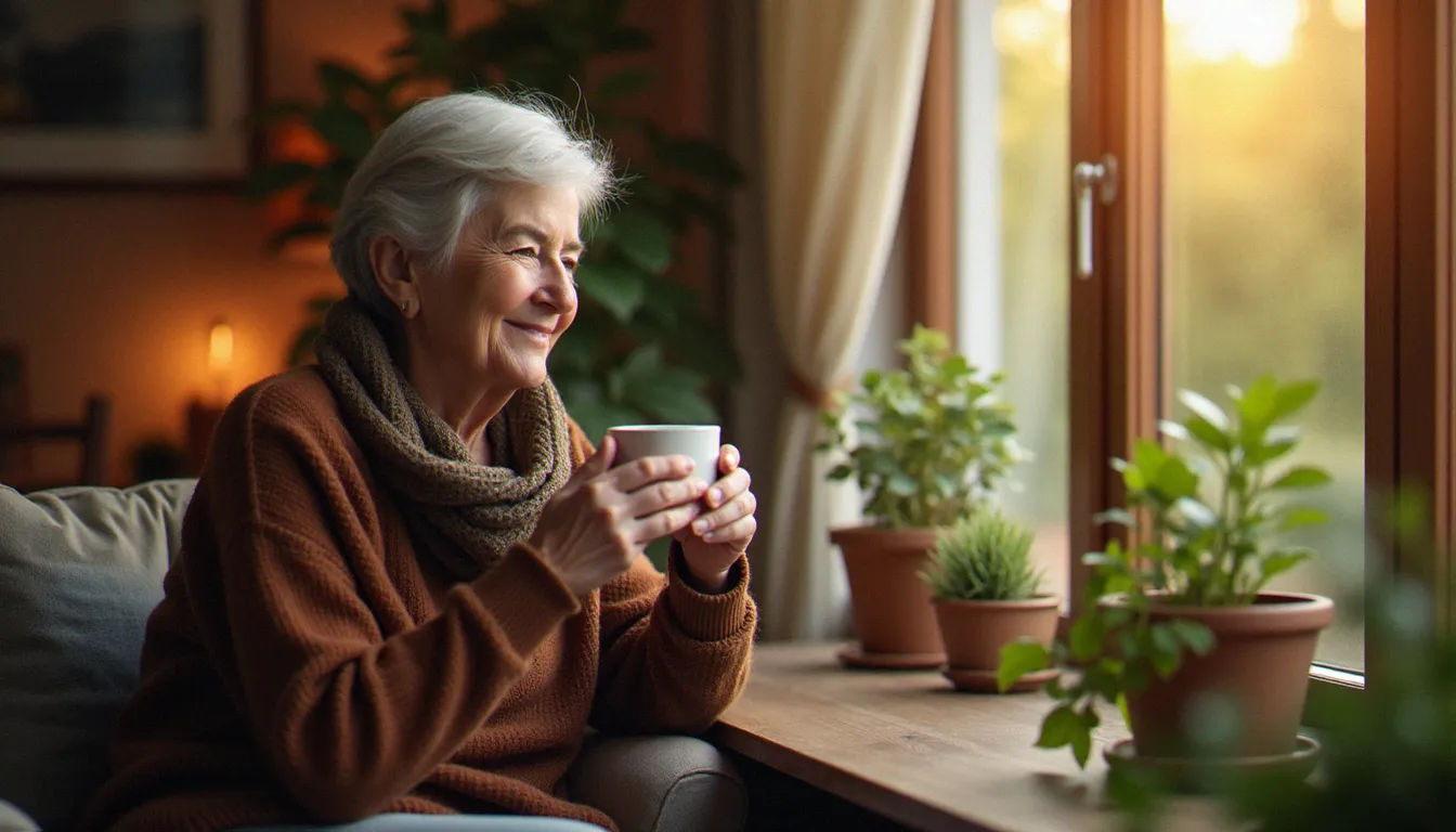 Femme en périménopause dans un moment de calme matinal, illustrant la transition hormonale vers la ménopause