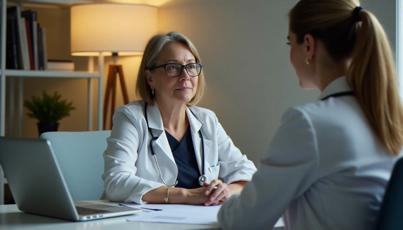Femme en consultation gynécologique discutant de sa santé hormonale pendant la périménopause