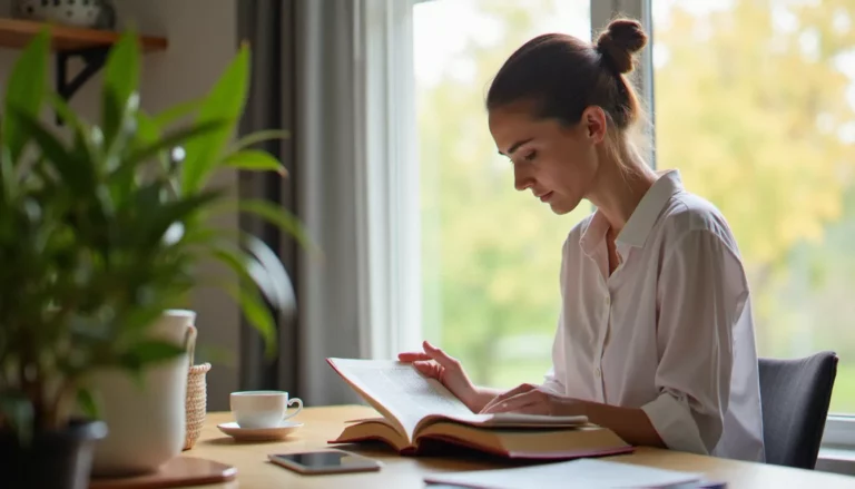 Femme lisant un guide de santé féminine à son bureau, illustrant le women's health guide en français