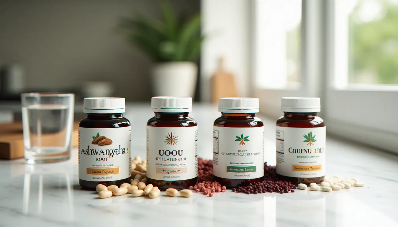 Ingrédients typiques d'une gamme naturelle féminine — ashwagandha, isoflavones, magnésium et gattilier — présentés sur un plan de travail en marbre