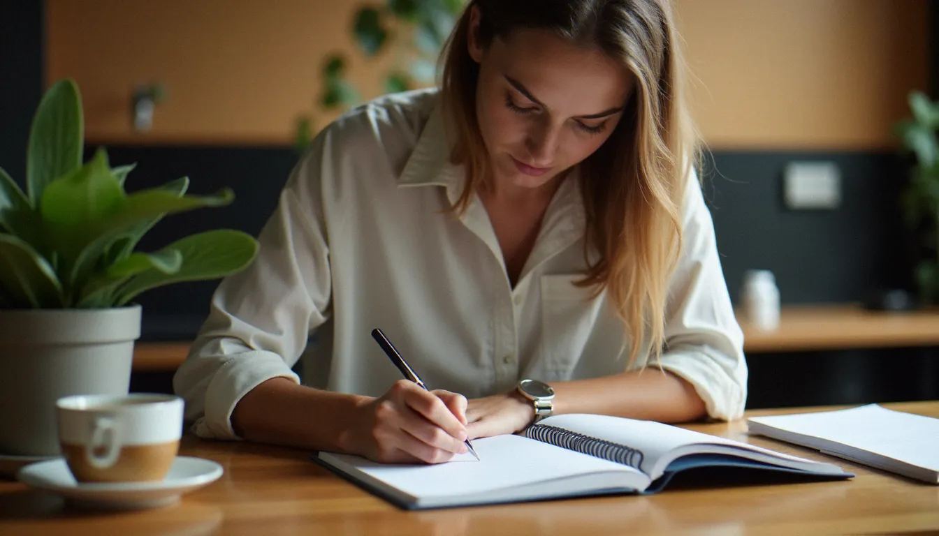 Femme notant ses symptômes dans un journal de cycle à côté de compléments alimentaires naturels féminins, dans une ambiance lumineuse et apaisée