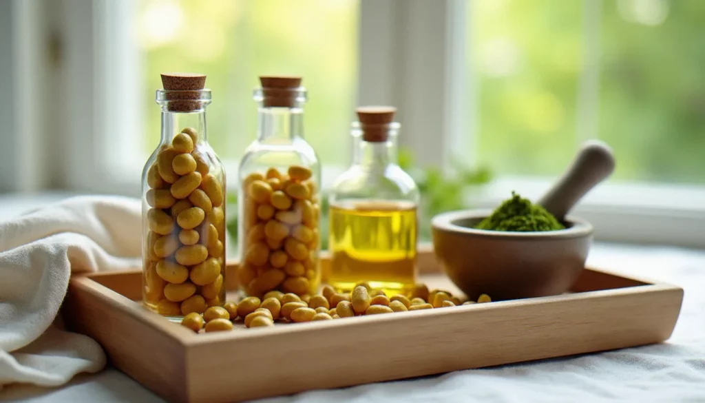Bouteilles de compléments alimentaires naturels pour la santé féminine posées sur un plateau en bois avec des plantes séchées, illustrant la women's health natureline