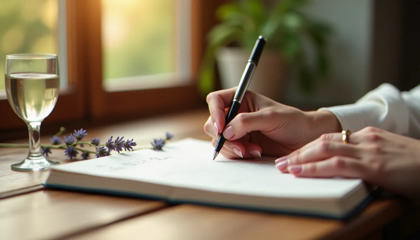 Mains de femme tenant un stylo et écrivant dans un journal de suivi de cycle menstruel, une pratique utile pour identifier les patterns de la phase lutéale et progresser vers une fin de cycle harmonieuse