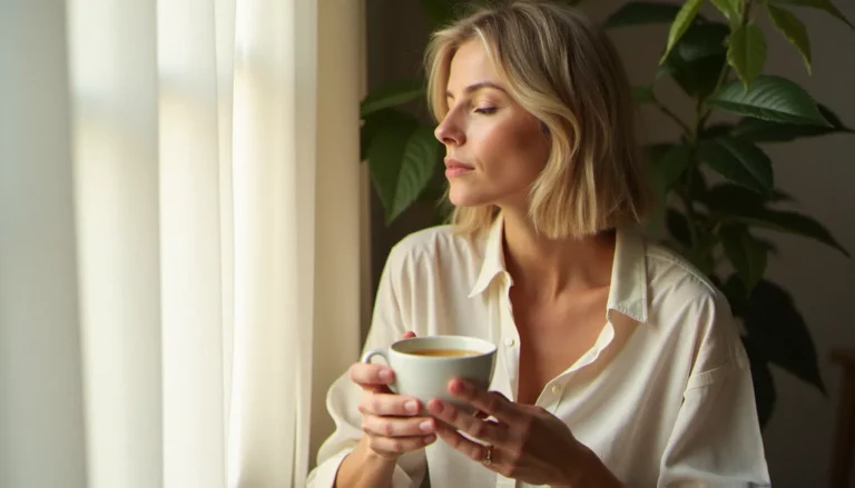 Femme sereine tenant une tasse de tisane près d'une fenêtre matinale, illustrant la recherche d'une transition hormonale apaisée — l'idée d'a perfect ending à chaque cycle