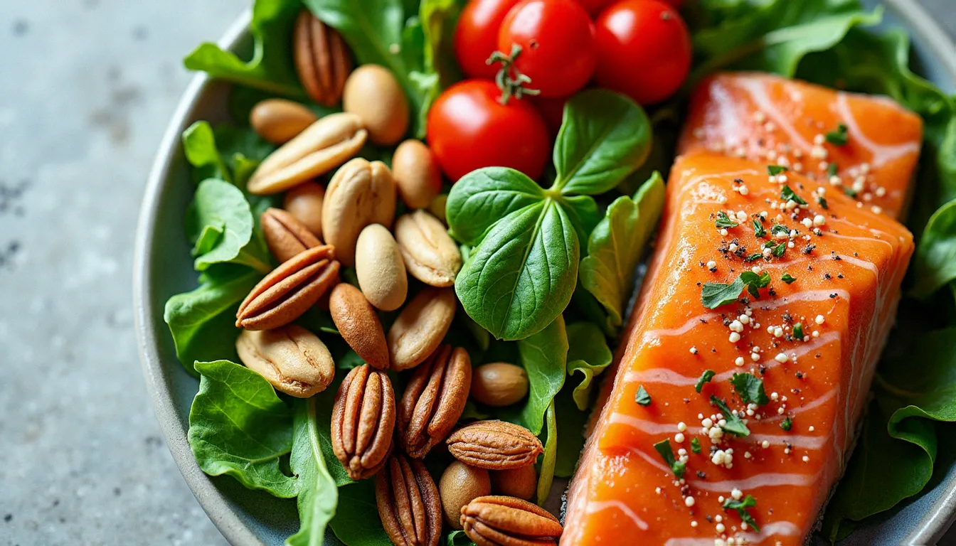 Assiette équilibrée anti-inflammatoire avec poisson, légumes et graines, illustrant l'approche nutritionnelle comme alternative santé pour les hormones féminines