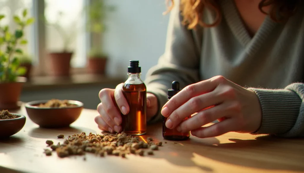 alternative sante featured Mains de femme disposant des flacons d'herbes médicinales sur une table en bois, évoquant les alternatives santé pour l'équilibre hormonal
