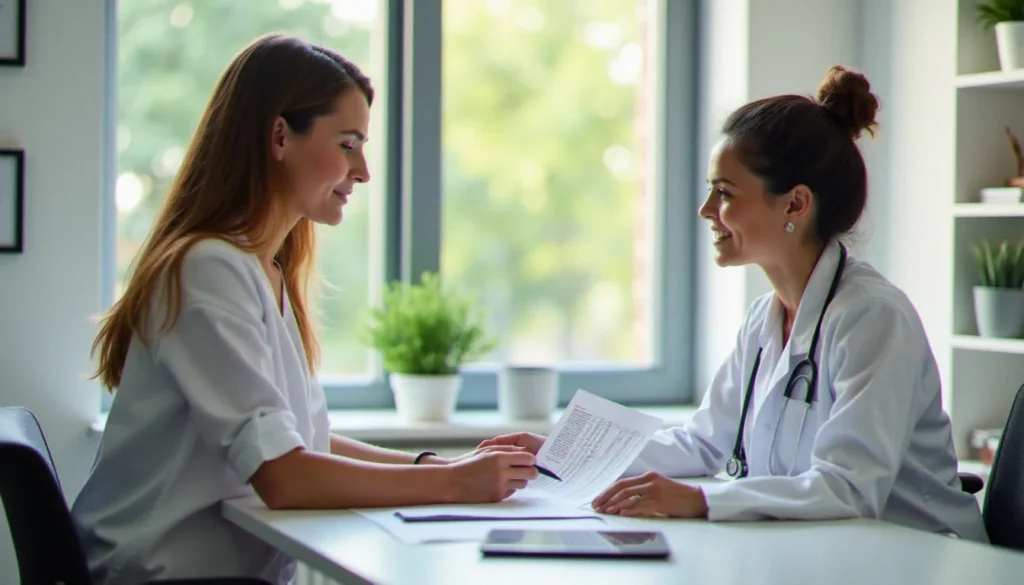 bilan de sante featured Femme consultant ses résultats de bilan de santé avec une médecin dans un cabinet lumineux