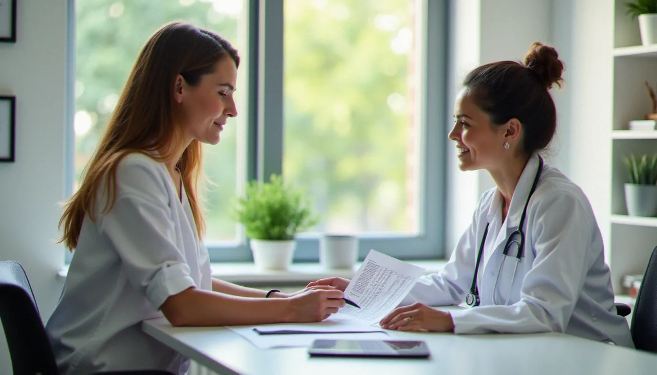 Femme consultant ses résultats de bilan de santé avec une médecin dans un cabinet lumineux