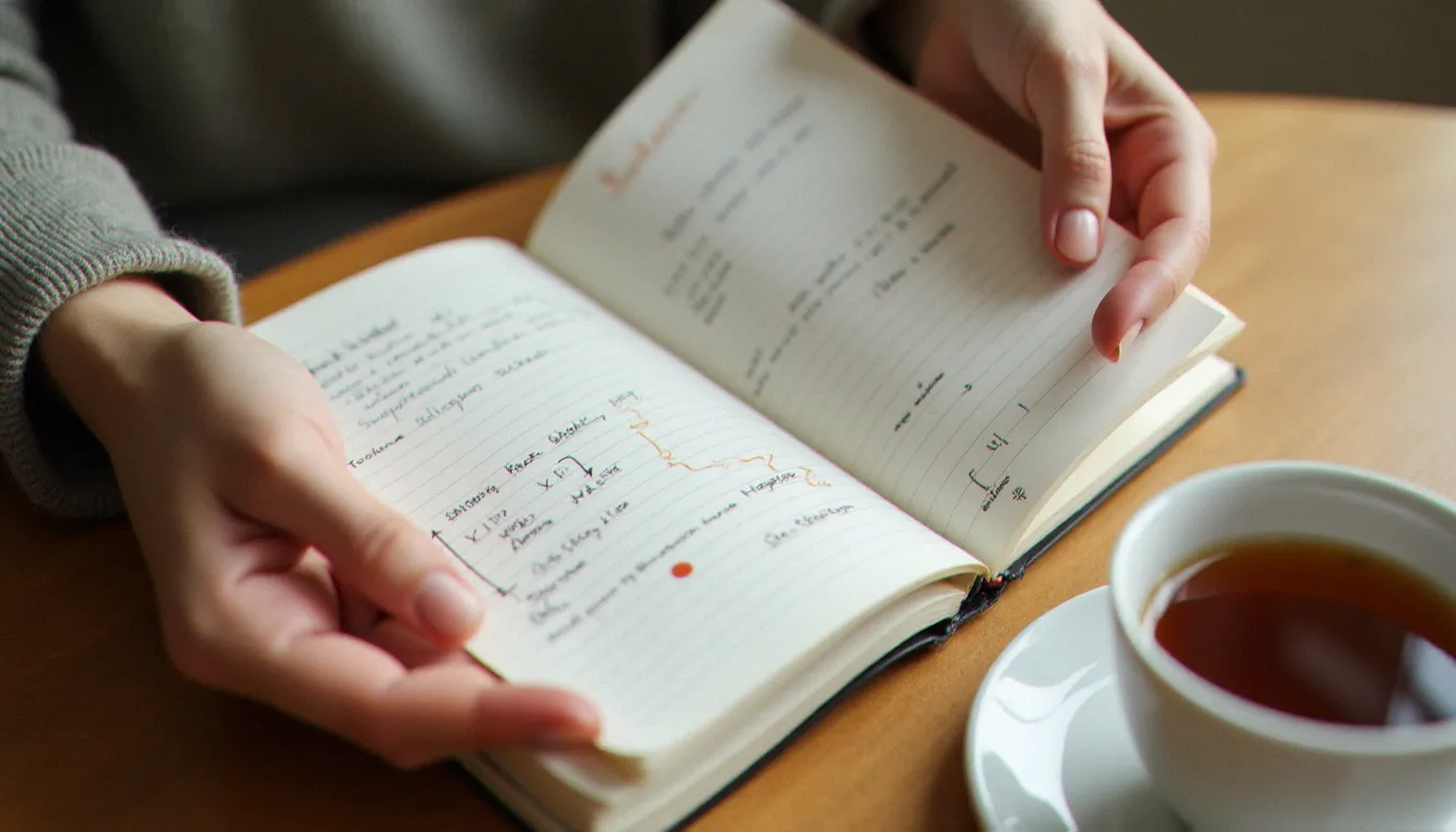 Journal de suivi du cycle menstruel ouvert sur une table, outil pour comprendre les fluctuations hormonales liées au sentiment d'attirance