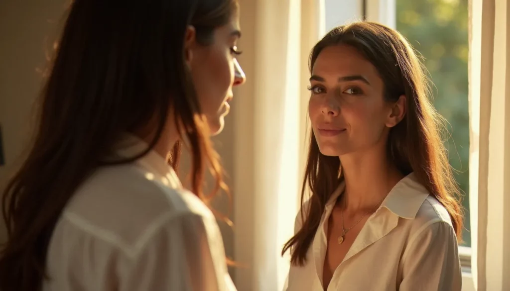 feminine est a dire attirance featured Femme se regardant dans un miroir avec confiance, illustrant le sentiment féminine c'est-à-dire attirante lié à l'équilibre hormonal