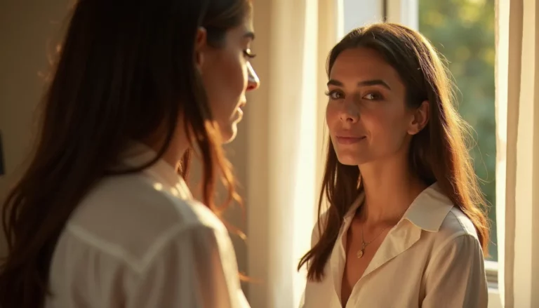 Femme se regardant dans un miroir avec confiance, illustrant le sentiment féminine c'est-à-dire attirante lié à l'équilibre hormonal