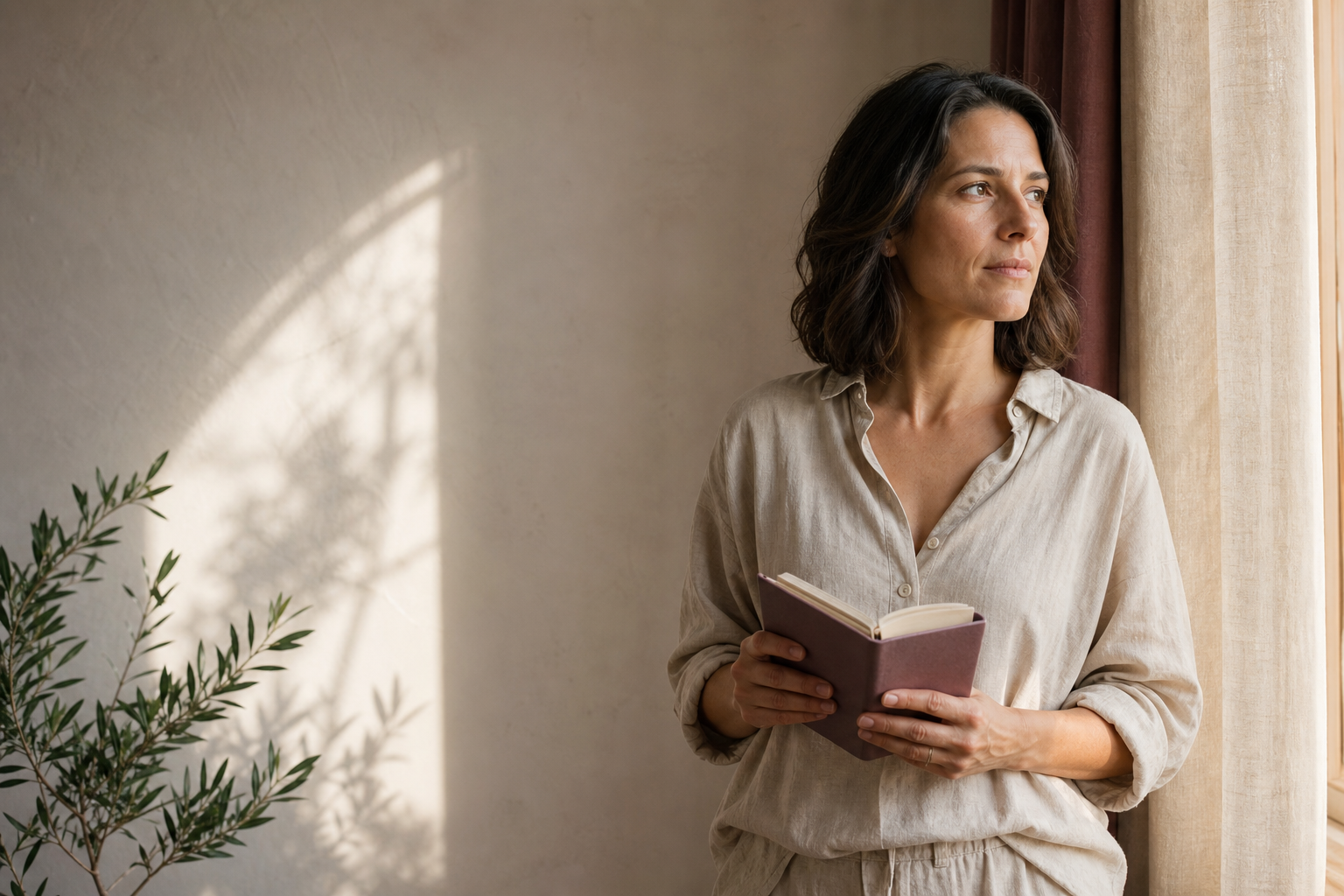 Une femme tient un journal près d’une fenêtre, dans une lumière calme du matin.