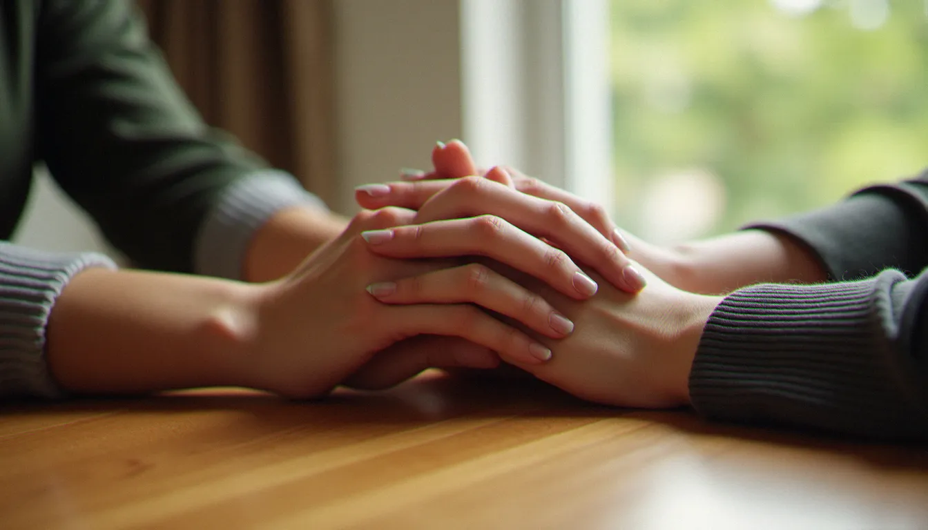 Mains de deux femmes entrelacées sur une table, symbolisant l'intimité entre femmes dans un cadre quotidien
