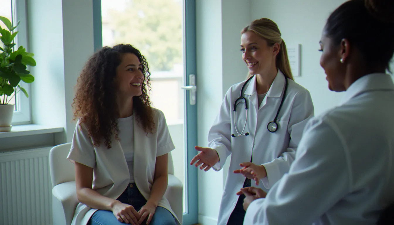 Une femme en consultation gynécologique avec sa médecin, représentant l'importance du suivi médical adapté pour les femmes lesbiennes