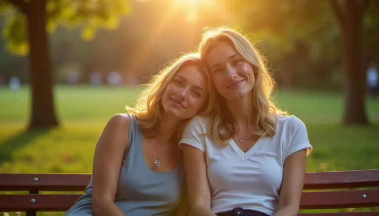 Deux femmes assises ensemble dans un parc ensoleillé, illustrant l'homosexualité féminine dans un contexte naturel et chaleureux