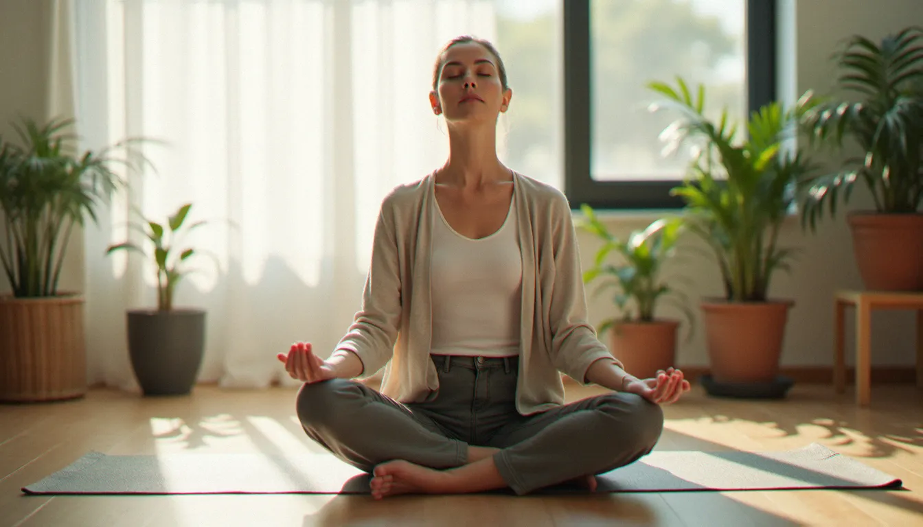 Femme en périménopause pratiquant la méditation chez elle pour prendre soin de sa santé mentale lors d'un déséquilibre hormonal