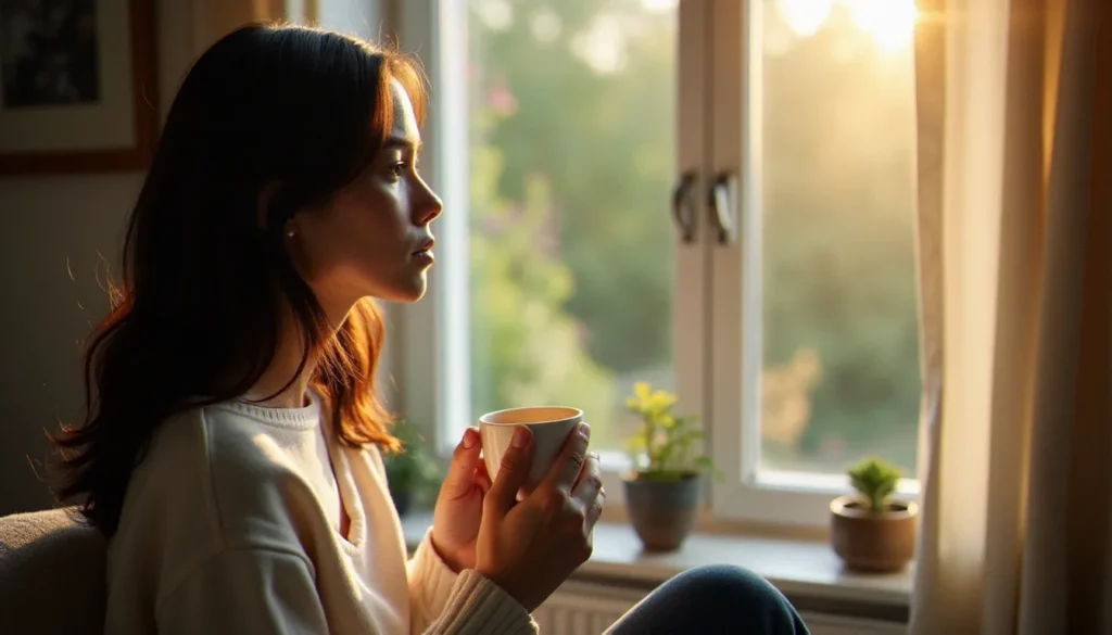 leur sante mentale featured Femme prenant soin de leur santé mentale, assise près d'une fenêtre lumineuse avec une tasse de thé, dans une ambiance sereine et introspective