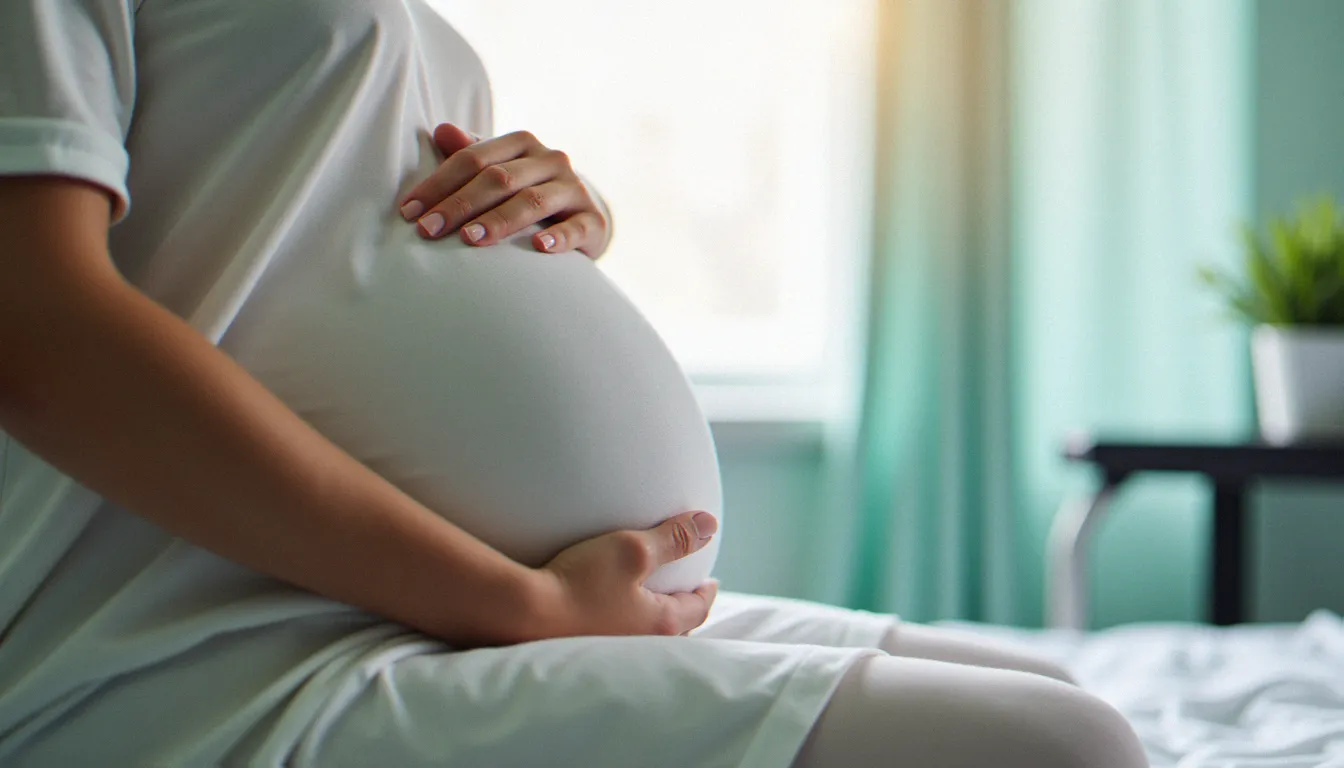 Femme enceinte posant les mains sur son ventre lors d'une consultation prénatale, symbolisant le suivi de l'équilibre hormonal pendant la grossesse