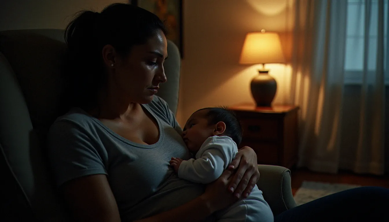 Mère qui allaite son bébé de nuit dans une chambre tamisée, illustrant les effets de l'allaitement sur la santé hormonale maternelle et le retour du cycle
